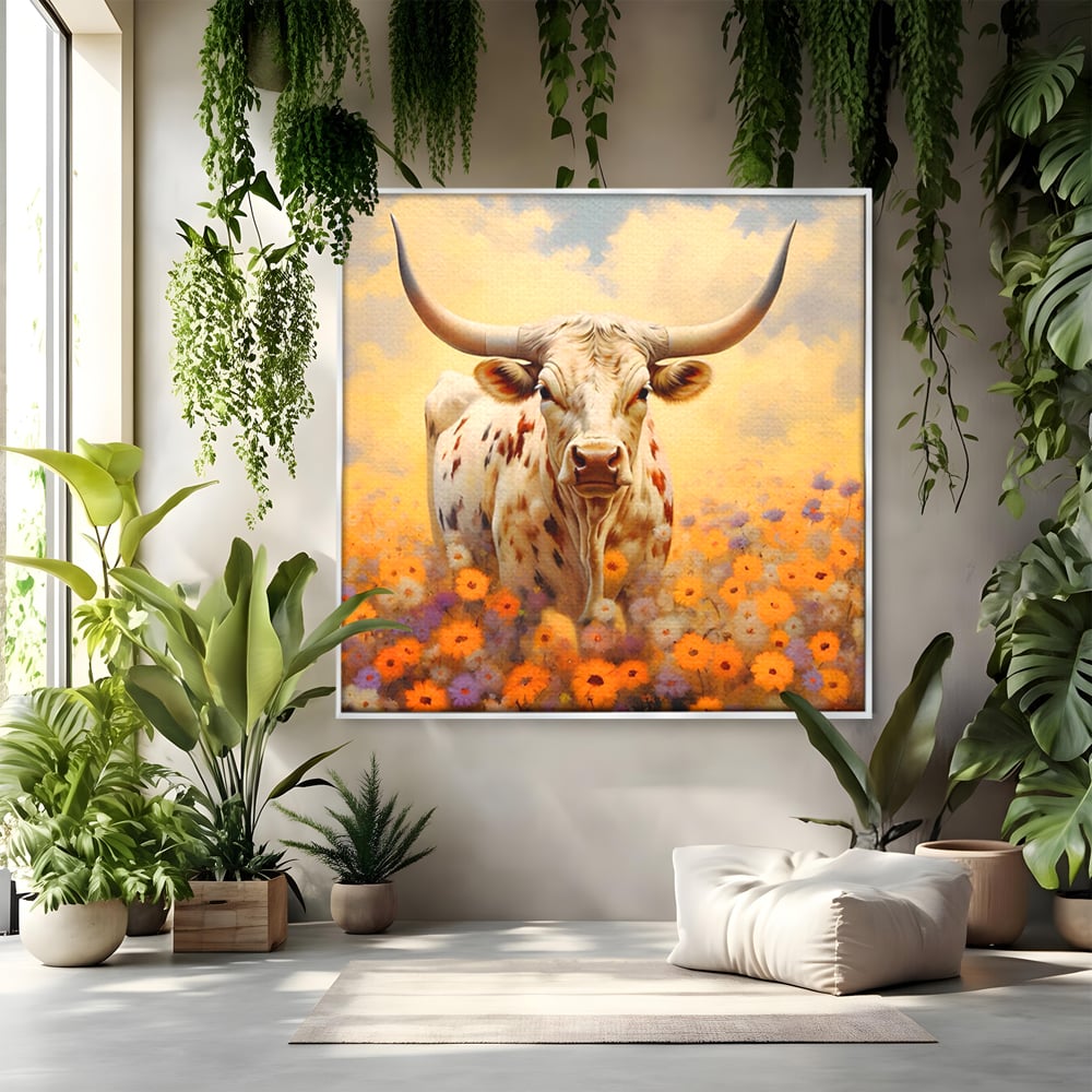 Tablou canvas cu tablou canvas cu bivol cu coarne mari, in rama de aluminiu argintiu